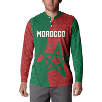 Personalized button-up sweatshirt worn by model; front shows Morocco text and green star.