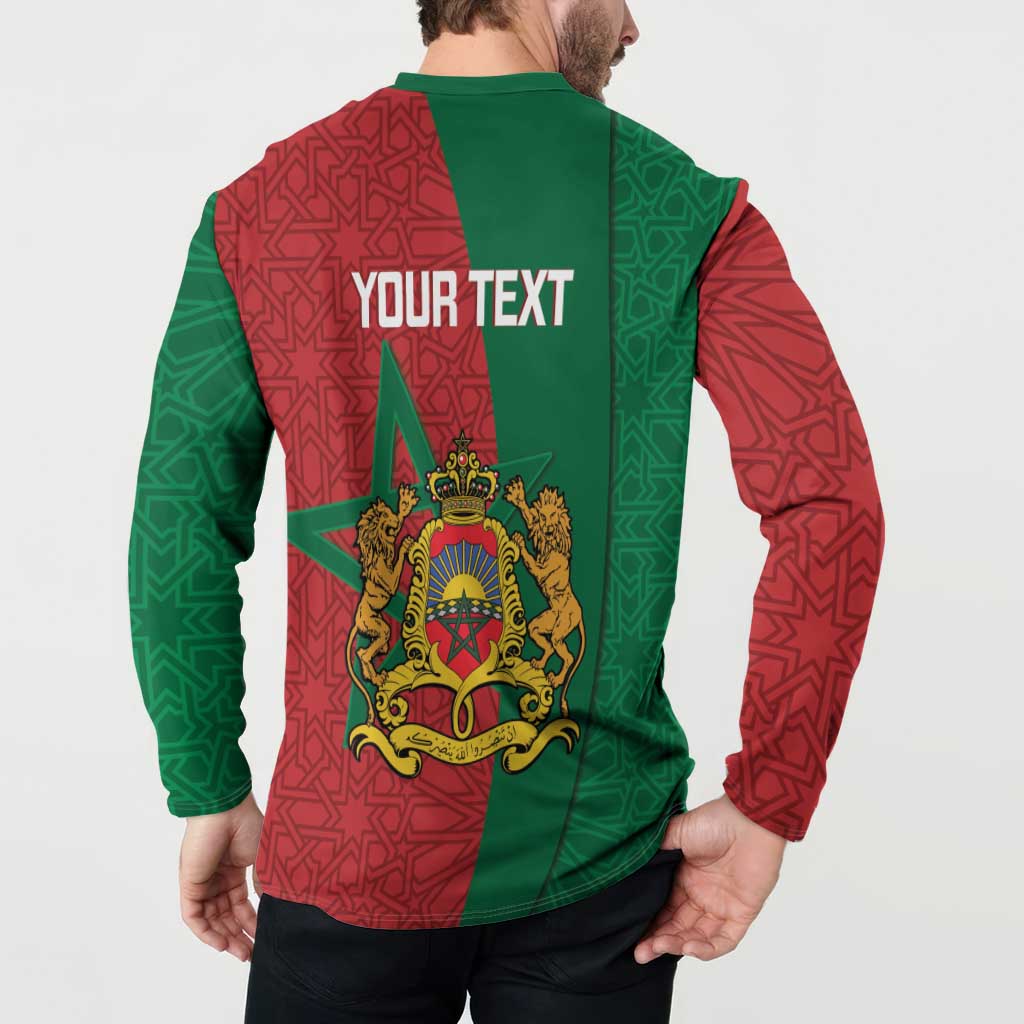 Personalized button-up sweatshirt worn by model; back shows crest with "YOUR TEXT" print.