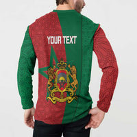 Personalized button-up sweatshirt worn by model; back shows crest with "YOUR TEXT" print.