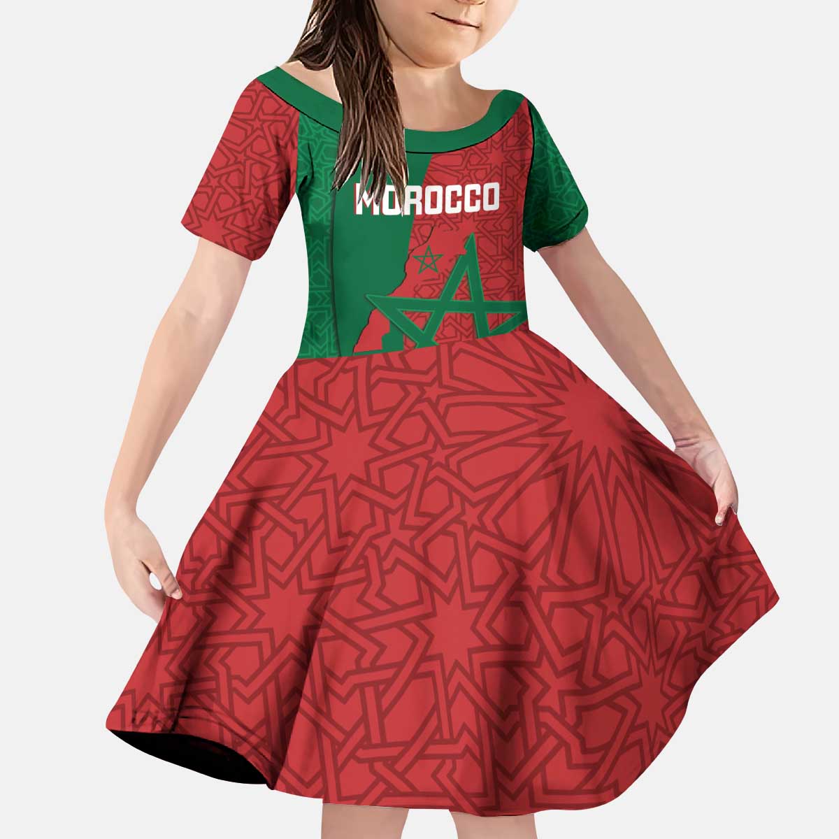 Personalised Morocco Kid Short Sleeve Dress Moroccan Green Star With Moorish Pattern - Wonder Print Shop