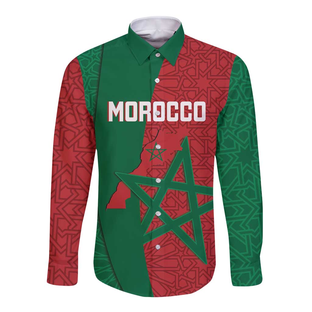 Long-sleeve button shirt in green with red geometric pattern and MOROCCO print
