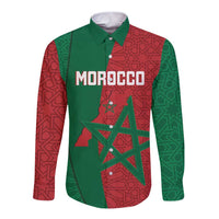 Long-sleeve button shirt in green with red geometric pattern and MOROCCO print