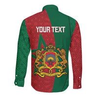 Long-sleeve button shirt with green back, red panel, and 'YOUR TEXT' print