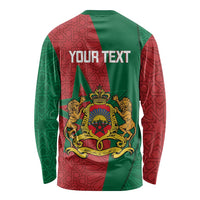 Unisex long-sleeve shirt with red and green back print, YOUR TEXT, ornate crest