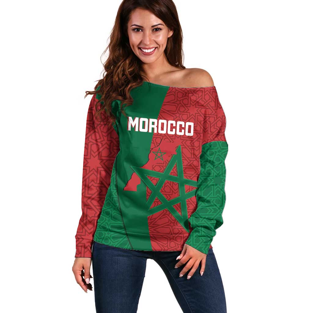 Personalised Morocco Off Shoulder Sweater Moroccan Green Star With Moorish Pattern