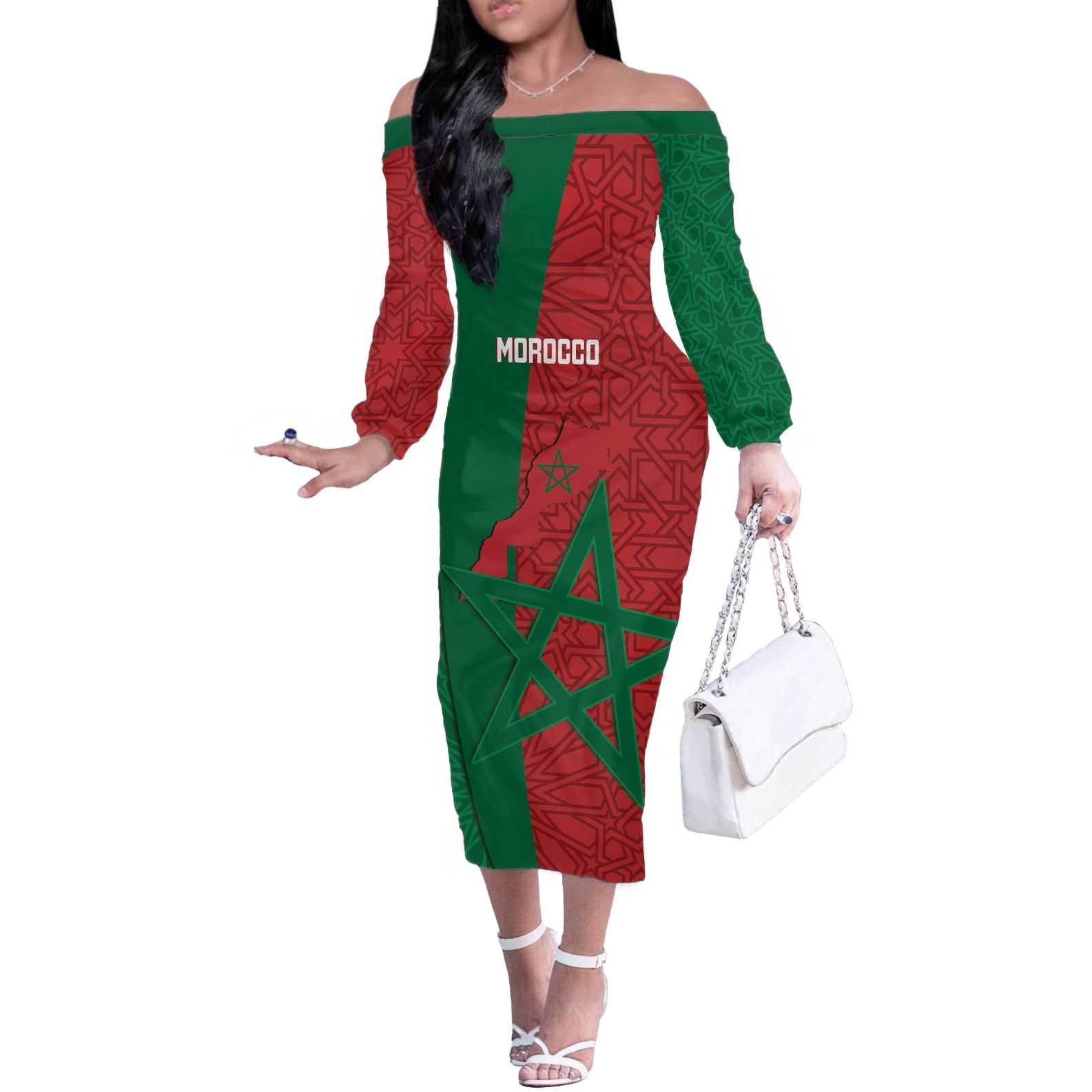 Personalised Morocco Off The Shoulder Long Sleeve Dress Moroccan Green Star With Moorish Pattern - Wonder Print Shop