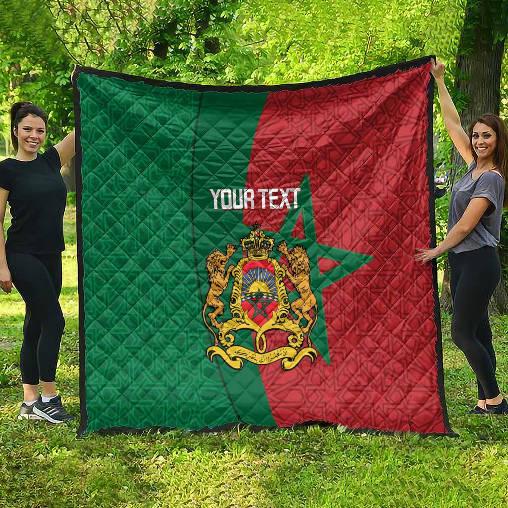 Personalised Morocco quilt draped outdoors: green and red panels with star and Moorish crest