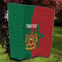 Personalised Morocco quilt showing green and red star panels with Moorish crest and custom text