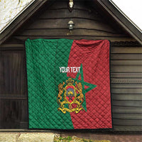Personalised Morocco quilt hanging on a wall: green and red star panels with crest