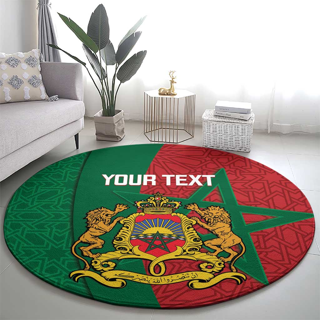 Large round Moroccan rug, green and red with gold crest and Moorish pattern star