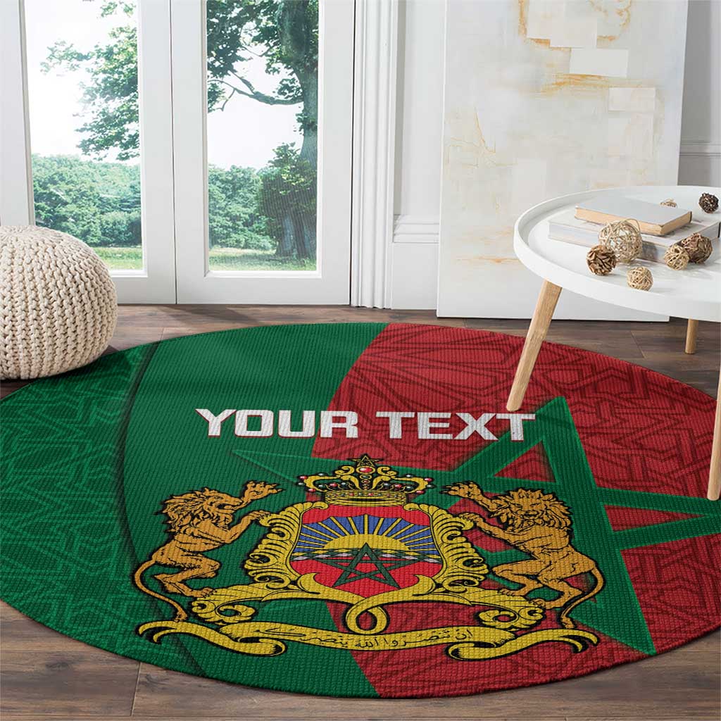 Round Moroccan area rug with green and red panels and gold crest star motif