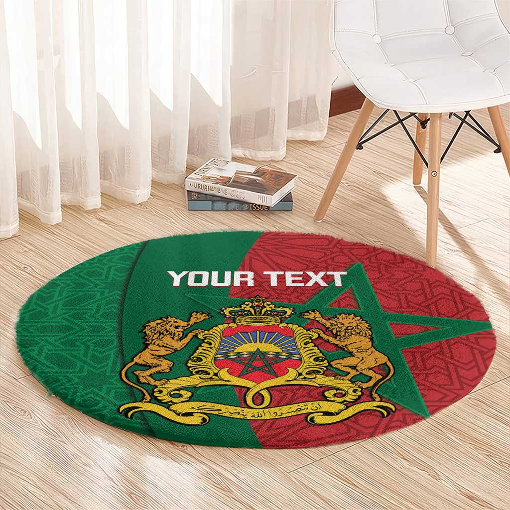 Personalized round Moroccan rug with customizable text area, green and red gold crest