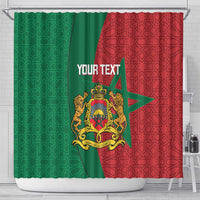 Personalized shower curtain with green and red panels, Moroccan star pattern, ornate crest, hooks