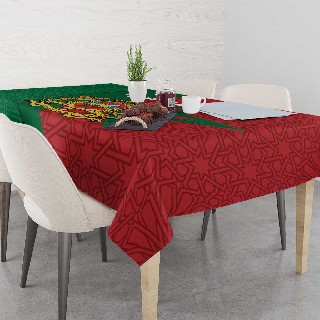 Morocco tablecloth with red star geometric pattern and green side panel