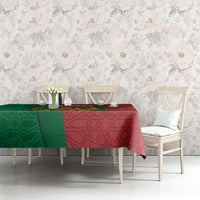 Morocco tablecloth on dining table, green and red patterned geometric star panel