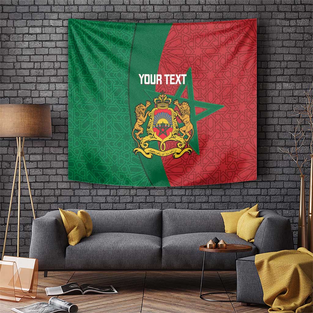 Personalised green and red Moroccan tapestry with star and Moorish patterned crest