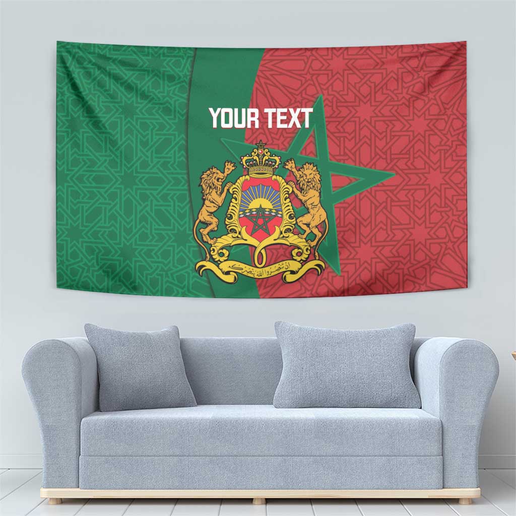 Personalised Moroccan tapestry featuring a central crest, star shape, and green-red pattern