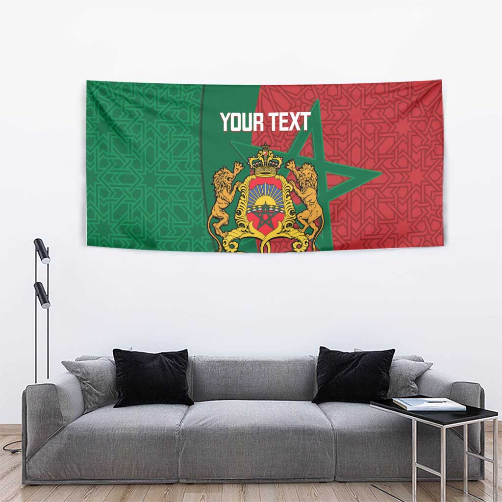Personalised green and red Morocco tapestry with Moorish geometric design, star, and crest