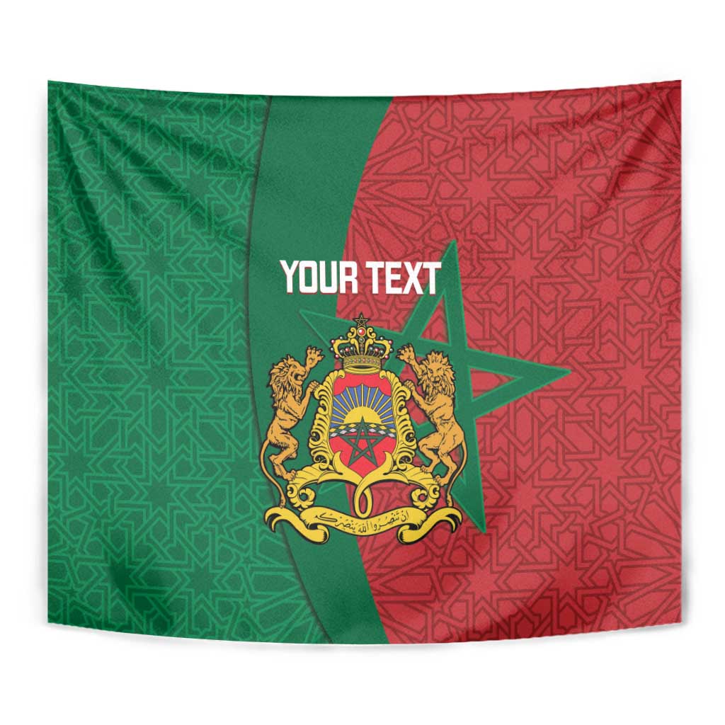 Personalised Moroccan tapestry close-up: green and red panels with star and crest