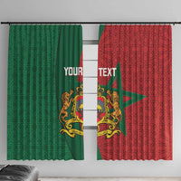Moroccan window curtain pair in green and red with star, ornate crest, and personalized text