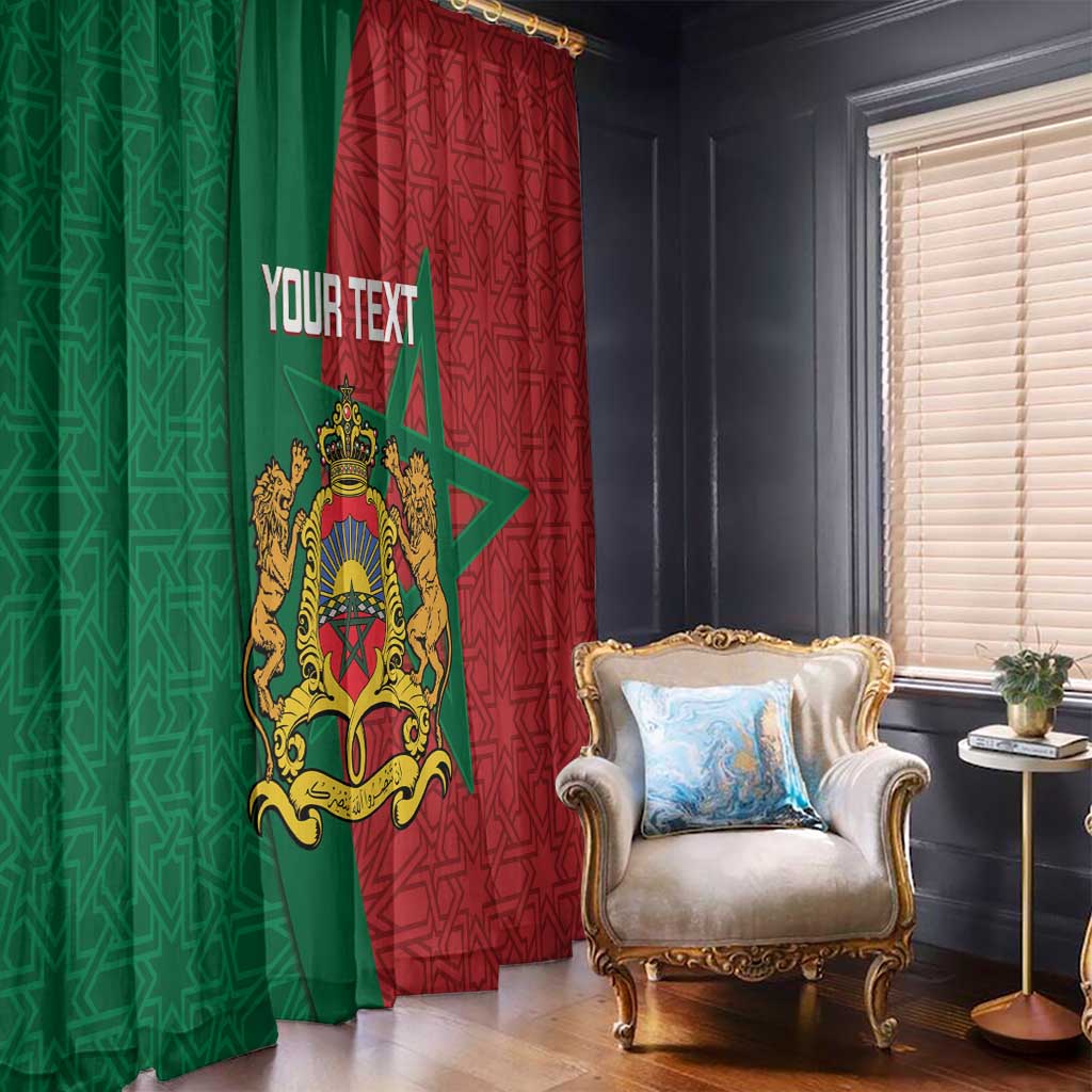 Moroccan window curtains, green and red panels with star and ornate crest, with custom text
