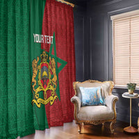 Moroccan window curtains, green and red panels with star and ornate crest, with custom text