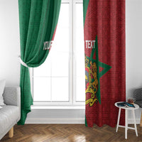 Moroccan window curtains in green and red with star and ornate crest, custom text on fabric