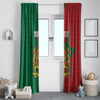 Moroccan window curtains, green and red with geometric pattern, star, ornate crest, custom text