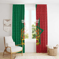 Moroccan window curtains, green left and red right panels with star and crest, custom text