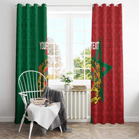 Moroccan window curtains with green and red geometric pattern, star, ornate crest, custom text