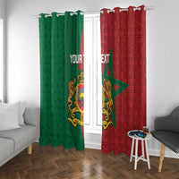 Moroccan window curtains in green and red with star motif, ornate crest, and personalized text