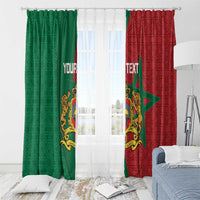 Moroccan window curtains, green and red with geometric moroccan pattern, star and crest, custom text