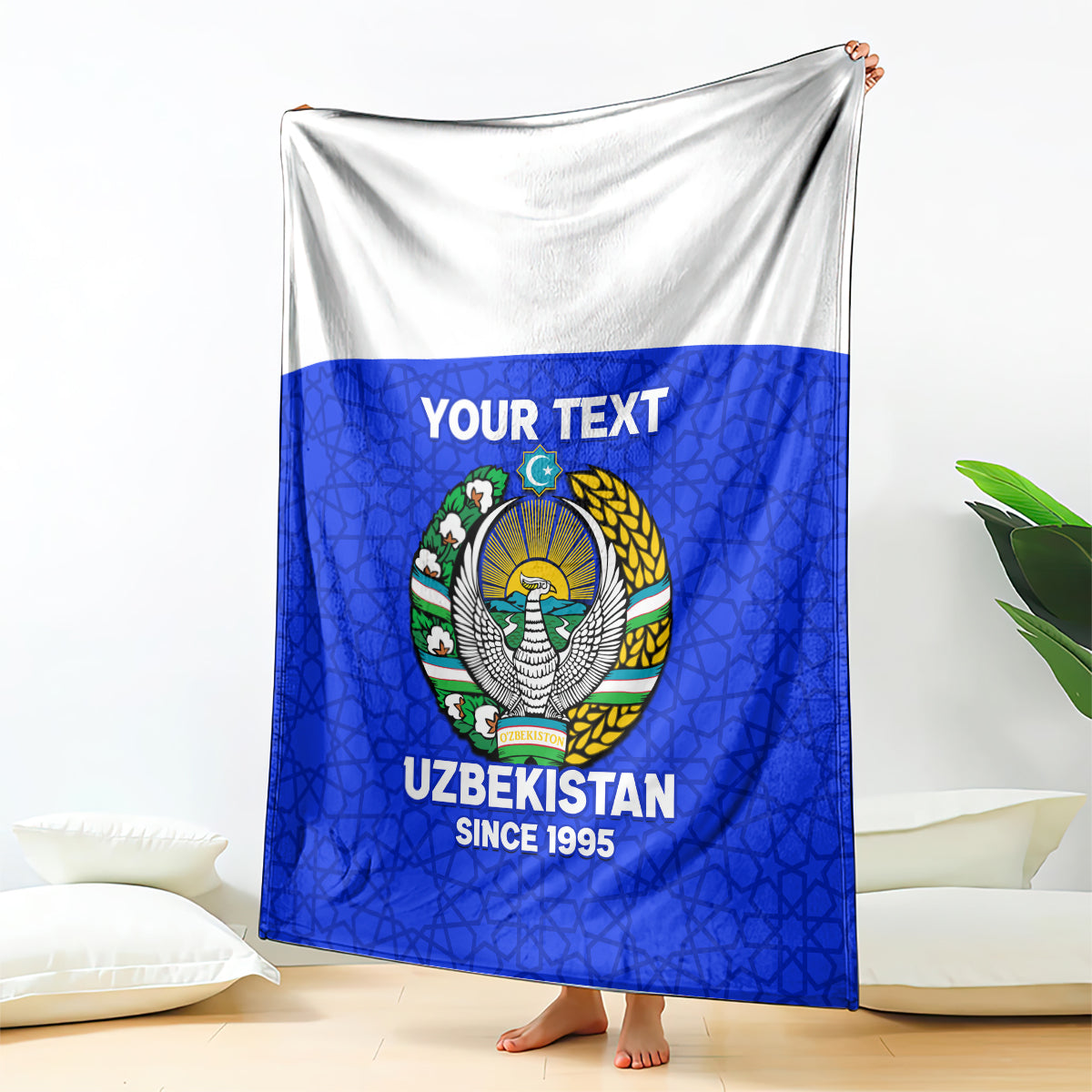 Blue Uzbekistan football blanket with crest and 'YOUR TEXT' panel