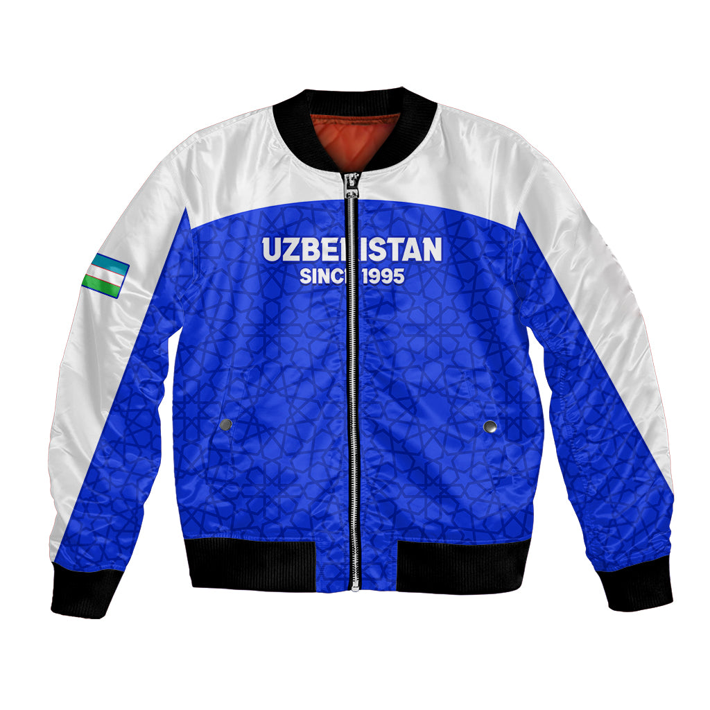 Blue and white bomber jacket with full-zip front, black ribbed cuffs, Uzbekistan printed panel