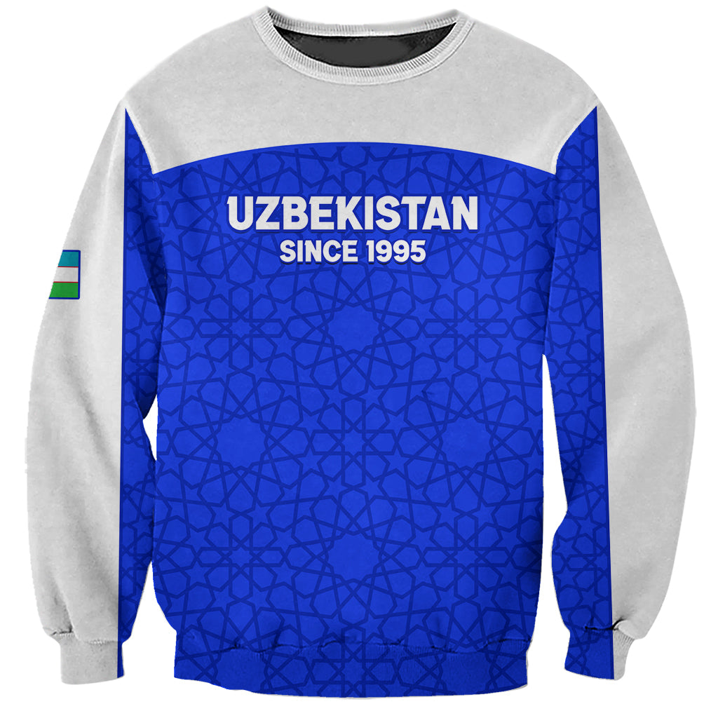 Unisex football sweatshirt: gray sleeves, blue front with 'UZBEKISTAN SINCE 1995' print