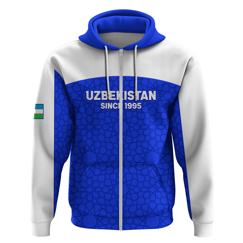Two-tone zip hoodie with blue center panel and 'Uzbekistan Since 1995' chest print