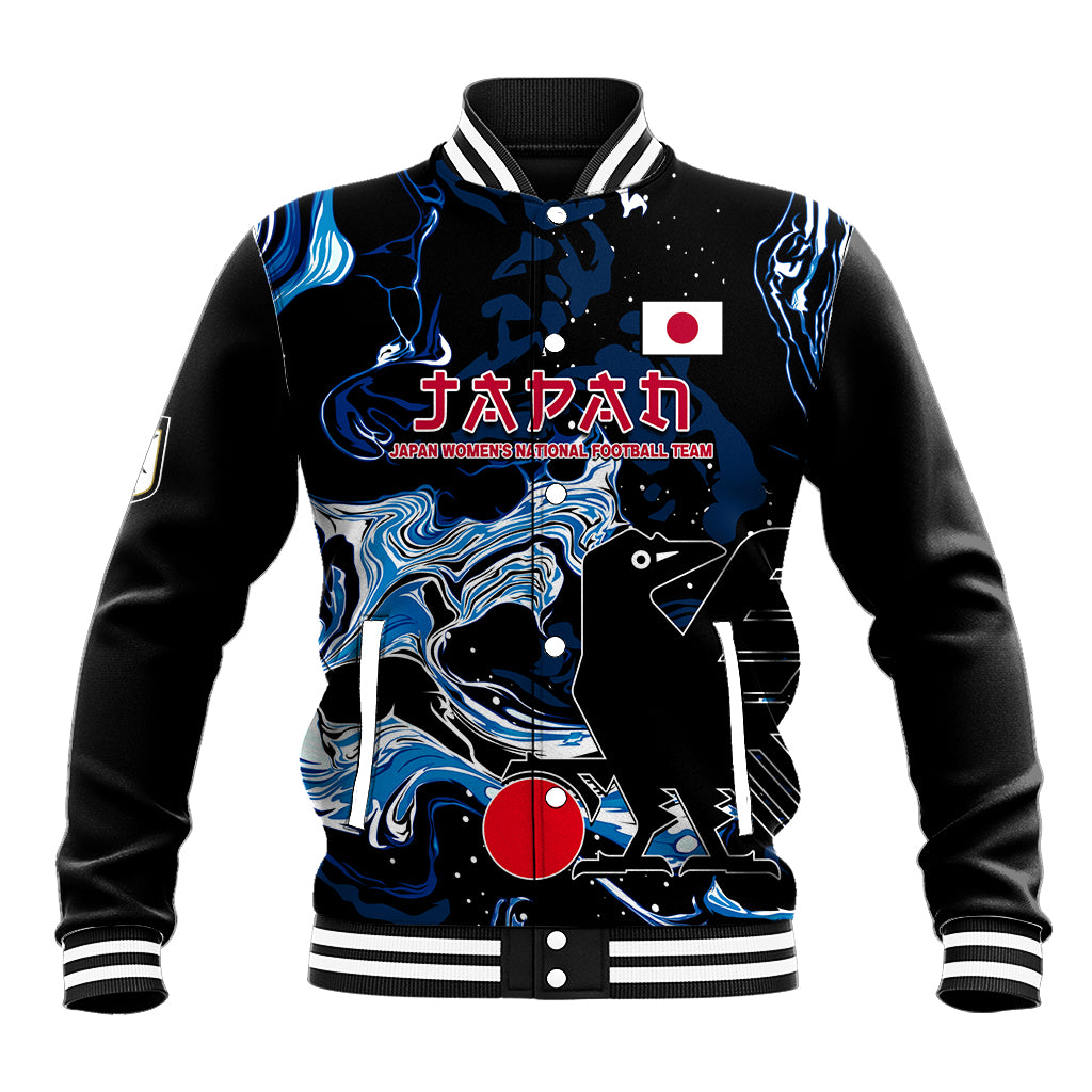 Black baseball varsity jacket with blue splash graphics, Japan flag emblem, ribbed collar