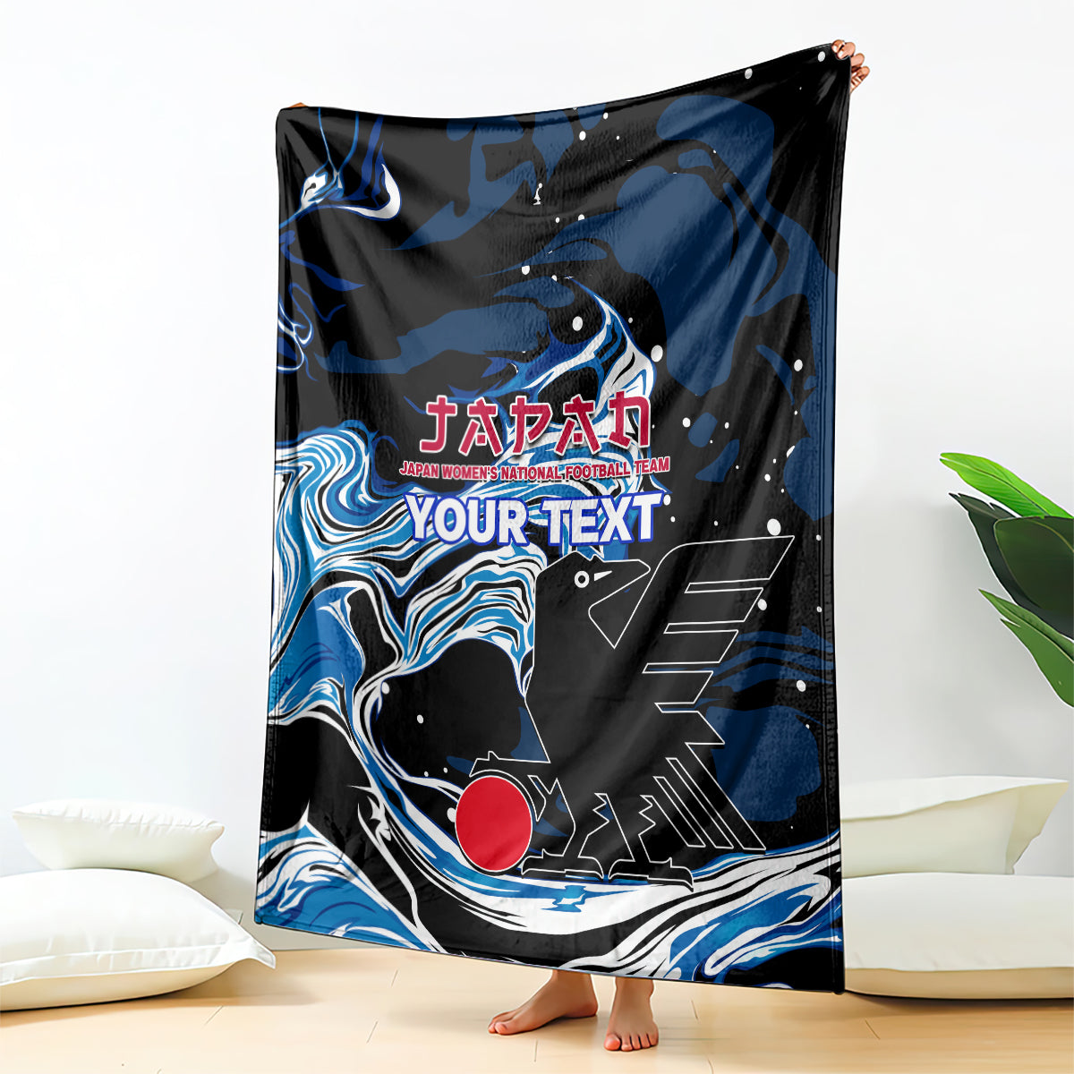 Black and blue football blanket with bold graphic and “YOUR TEXT” design.