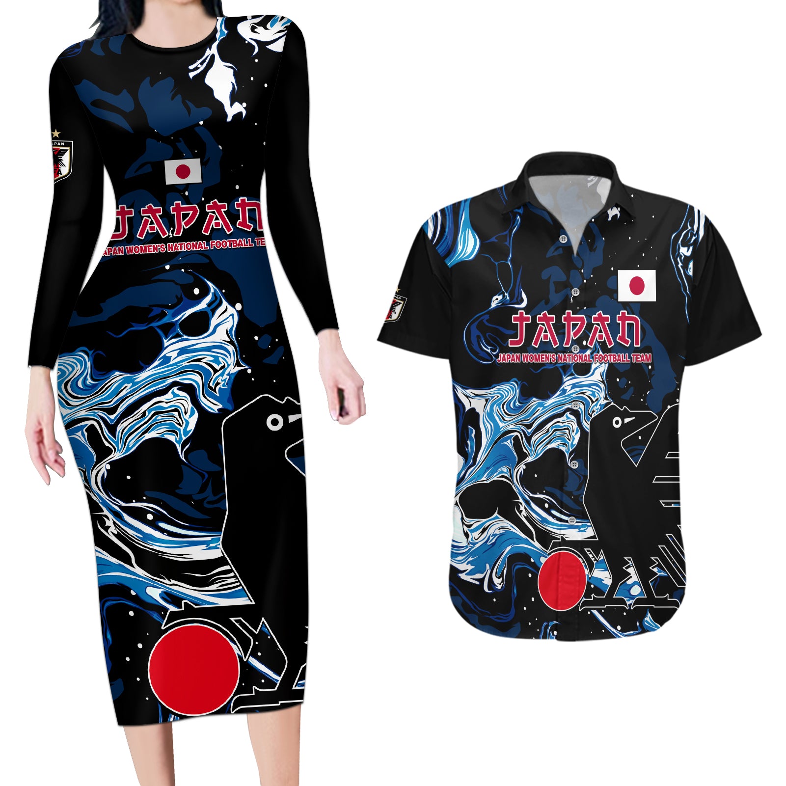 Custom Japan Football Couples Matching Long Sleeve Bodycon Dress and Hawaiian Shirt 2024 Nadeshiko Go Champions - Wonder Print Shop