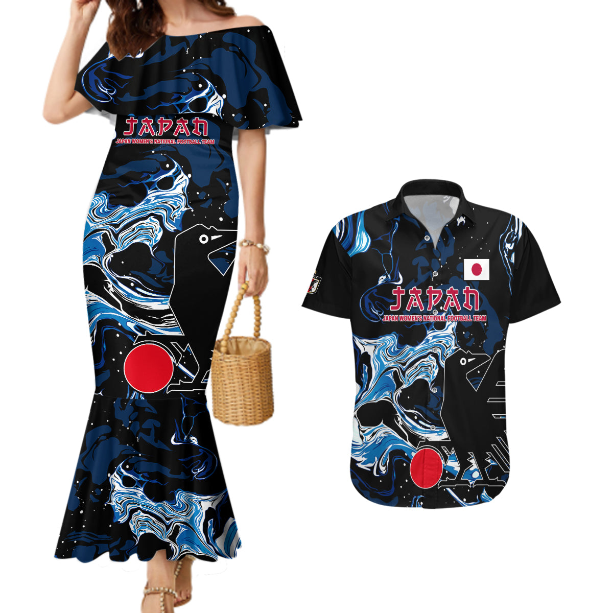 Custom Japan Football Couples Matching Mermaid Dress and Hawaiian Shirt 2024 Nadeshiko Go Champions - Wonder Print Shop