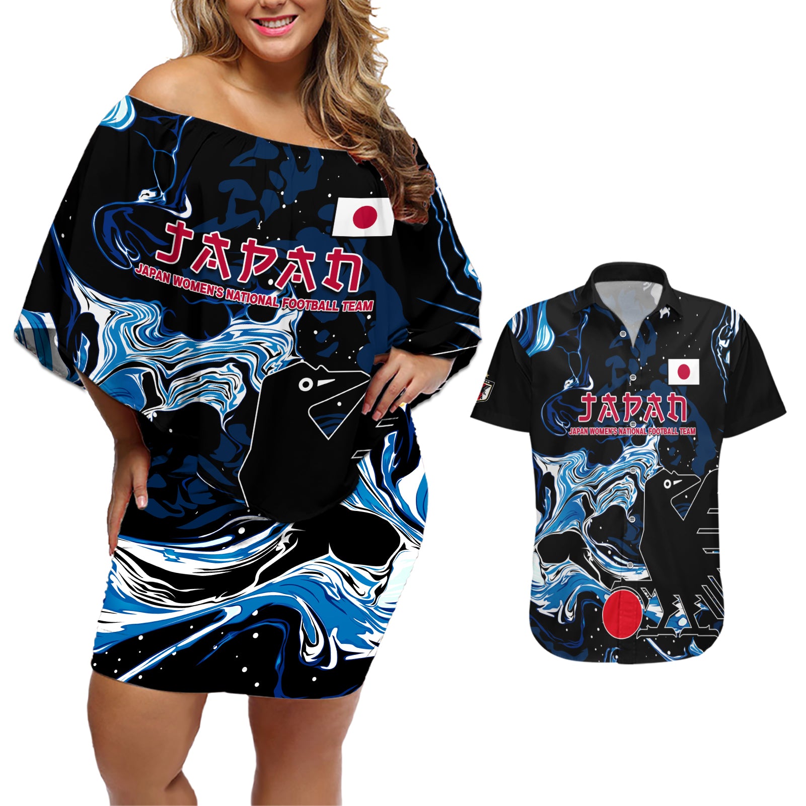 Custom Japan Football Couples Matching Off Shoulder Short Dress and Hawaiian Shirt 2024 Nadeshiko Go Champions - Wonder Print Shop