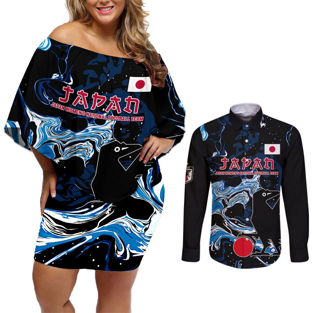 Custom Japan Football Couples Matching Off Shoulder Short Dress and Long Sleeve Button Shirt 2024 Nadeshiko Go Champions - Wonder Print Shop