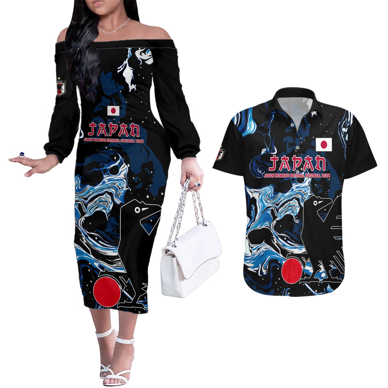 Custom Japan Football Couples Matching Off The Shoulder Long Sleeve Dress and Hawaiian Shirt 2024 Nadeshiko Go Champions - Wonder Print Shop