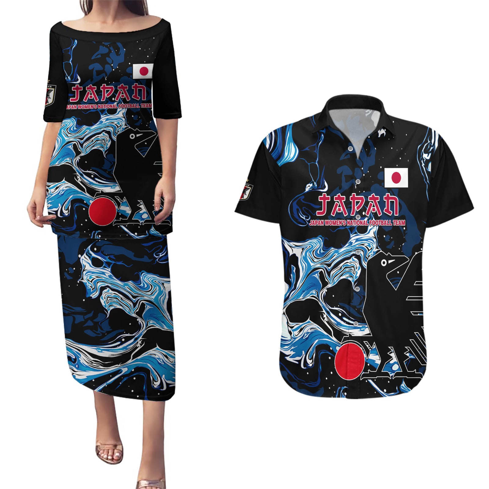 Custom Japan Football Couples Matching Puletasi and Hawaiian Shirt 2024 Nadeshiko Go Champions - Wonder Print Shop