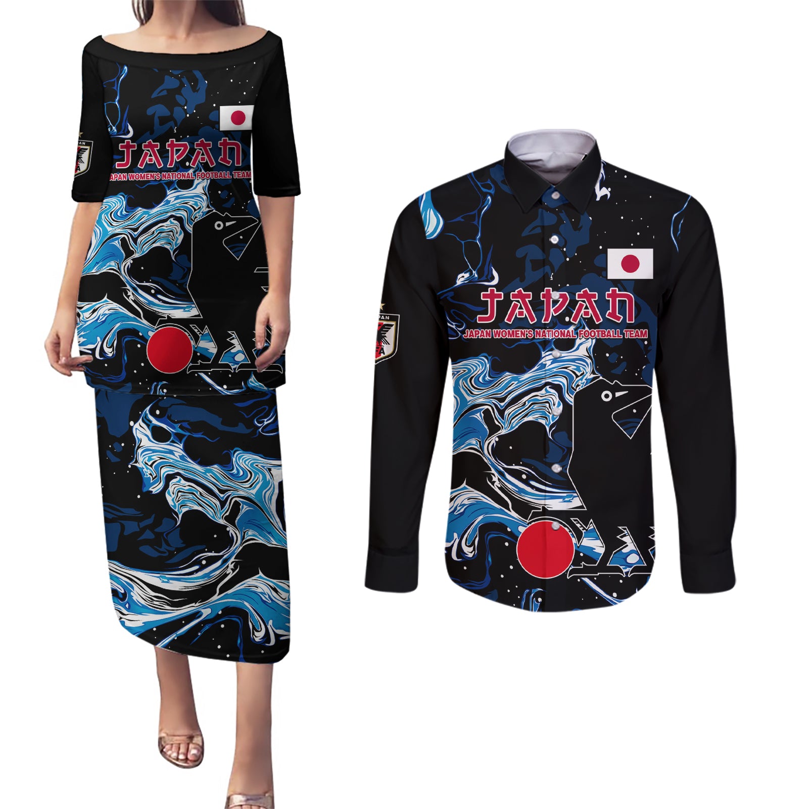 Custom Japan Football Couples Matching Puletasi and Long Sleeve Button Shirt 2024 Nadeshiko Go Champions - Wonder Print Shop