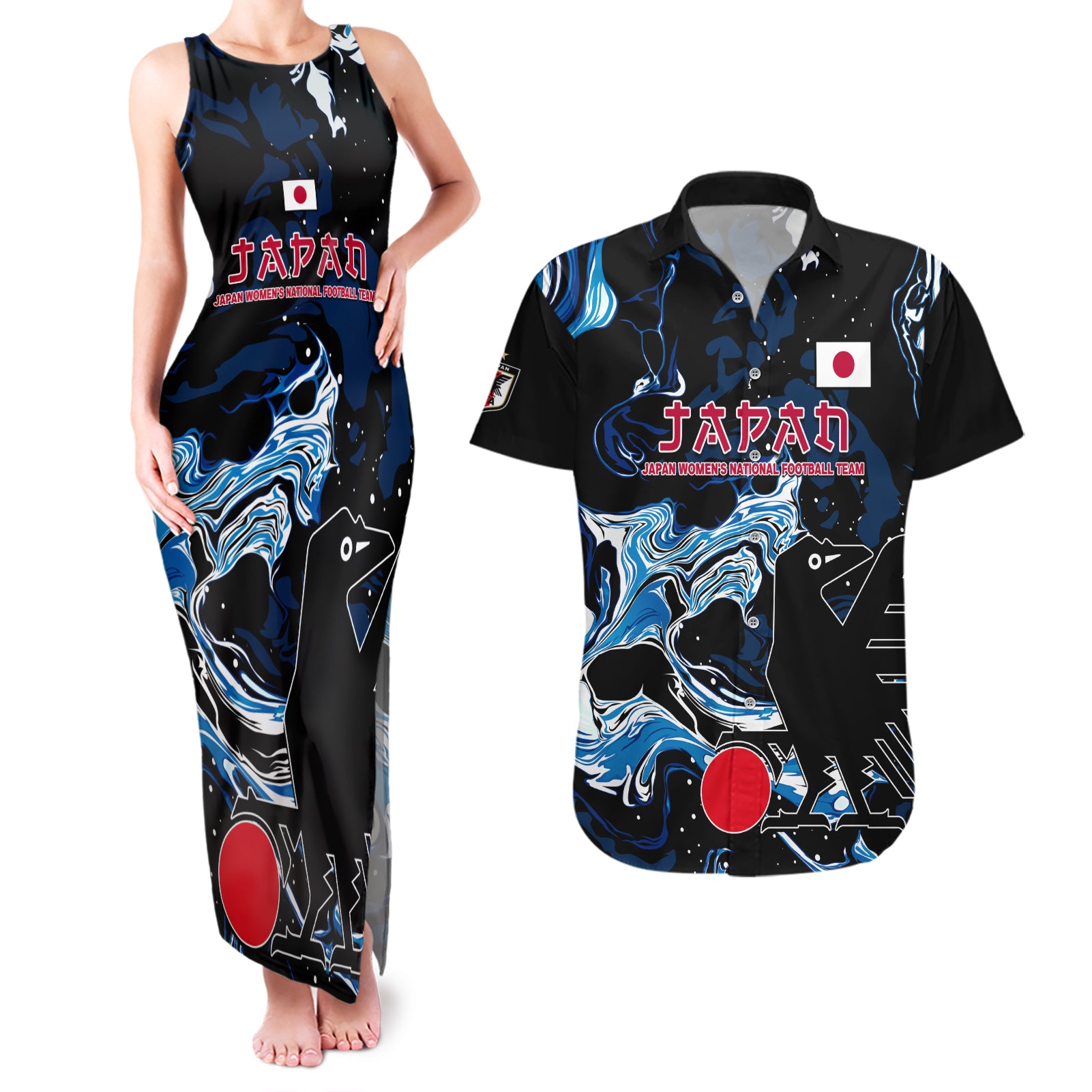 Custom Japan Football Couples Matching Tank Maxi Dress and Hawaiian Shirt 2024 Nadeshiko Go Champions - Wonder Print Shop