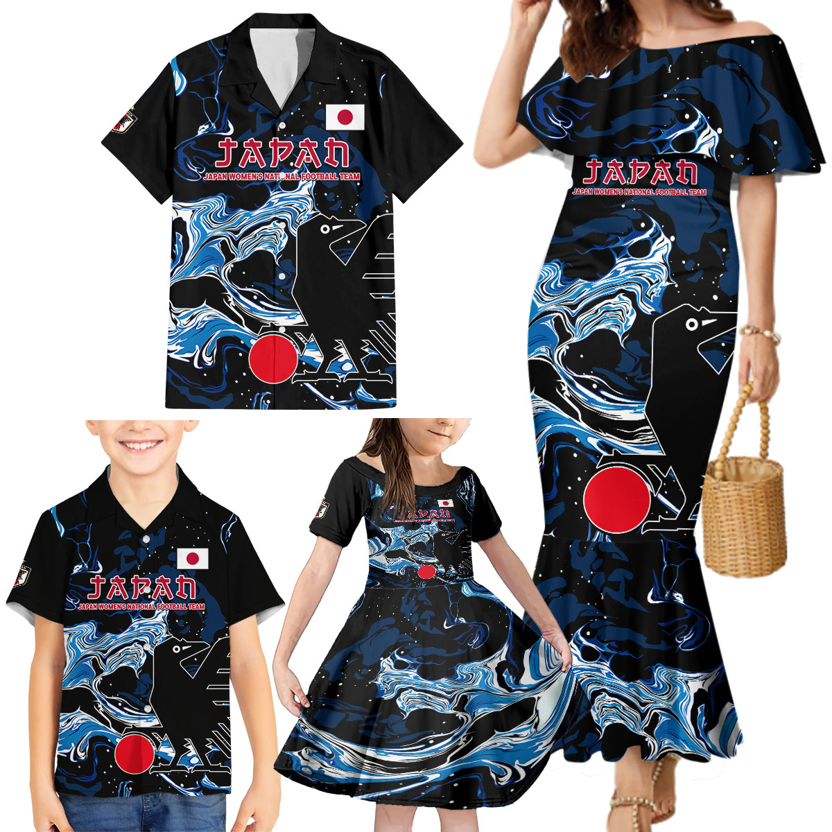 Custom Japan Football Family Matching Mermaid Dress and Hawaiian Shirt 2024 Nadeshiko Go Champions - Wonder Print Shop