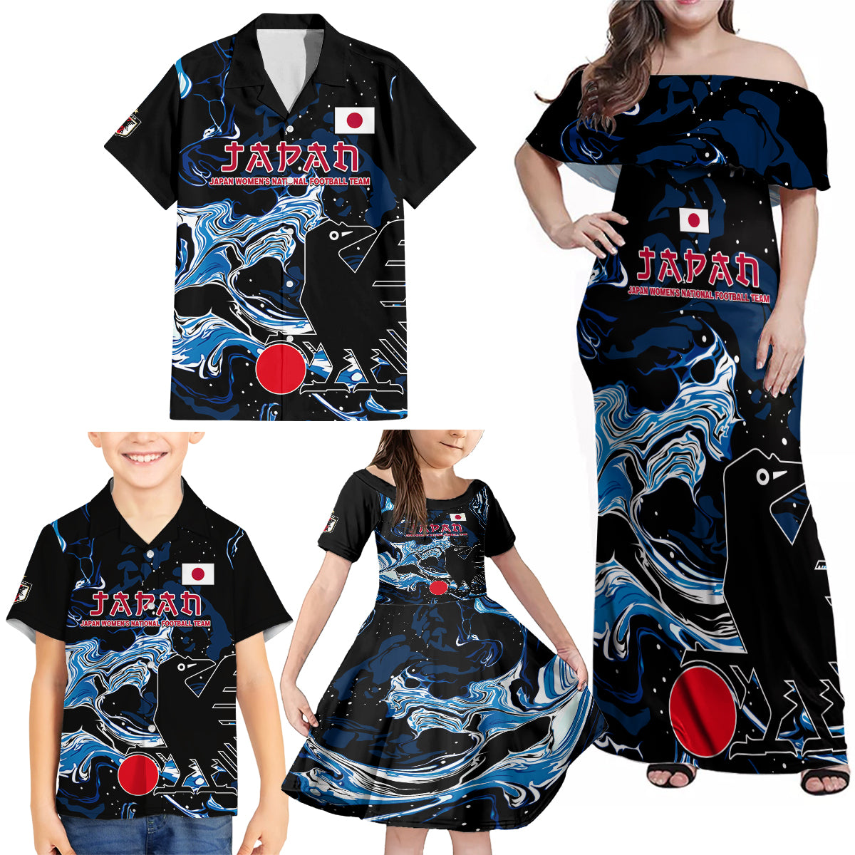 Custom Japan Football Family Matching Off Shoulder Maxi Dress and Hawaiian Shirt 2024 Nadeshiko Go Champions - Wonder Print Shop