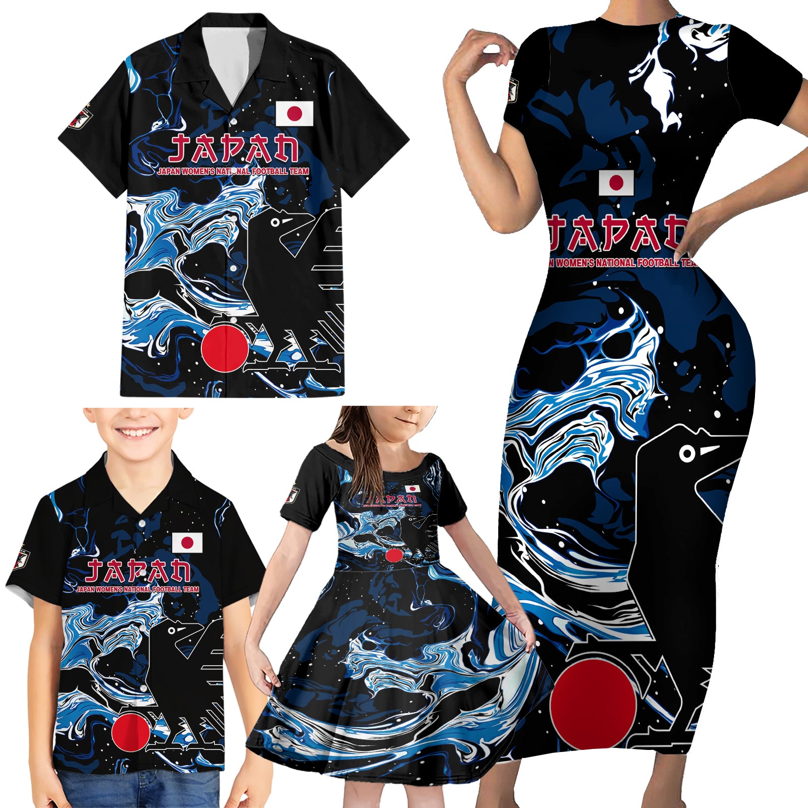 Custom Japan Football Family Matching Short Sleeve Bodycon Dress and Hawaiian Shirt 2024 Nadeshiko Go Champions - Wonder Print Shop