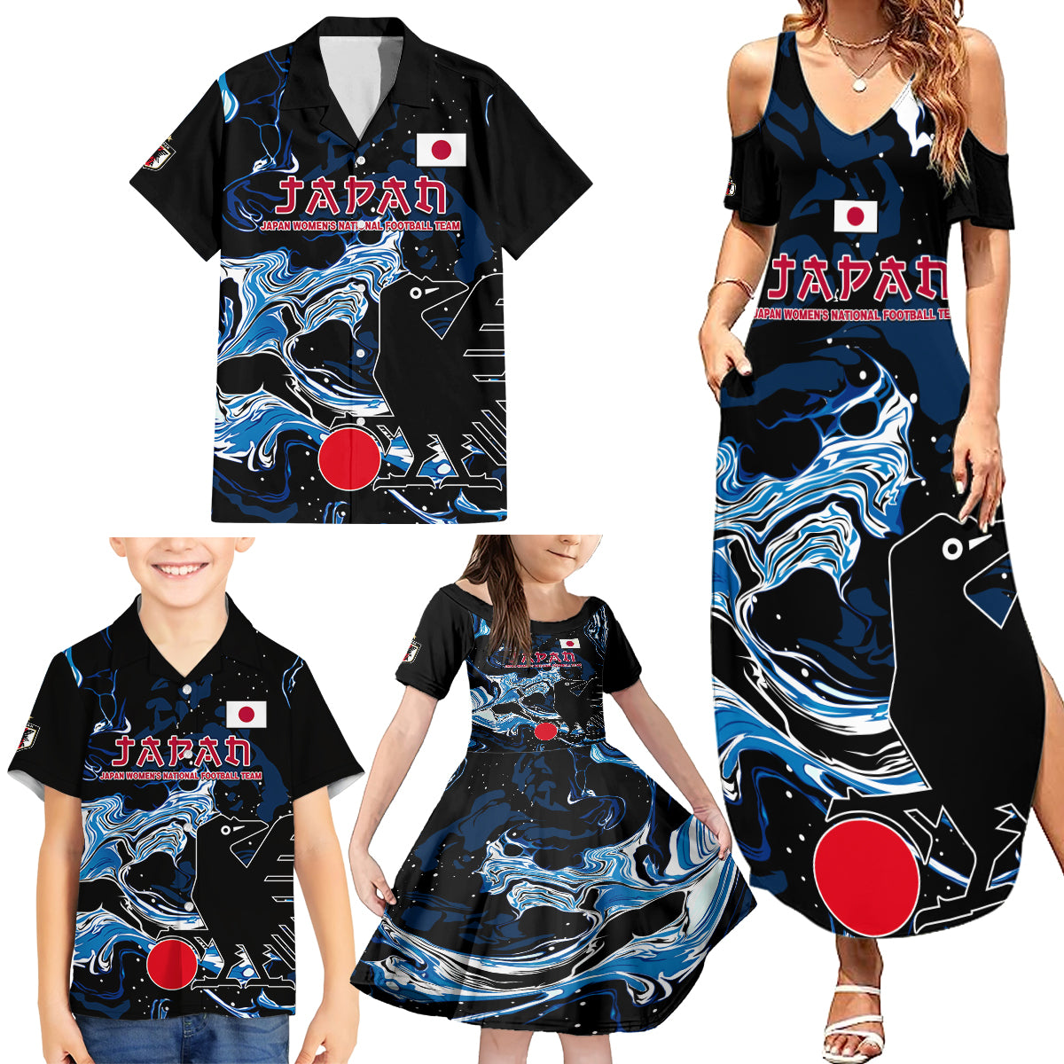 Custom Japan Football Family Matching Summer Maxi Dress and Hawaiian Shirt 2024 Nadeshiko Go Champions - Wonder Print Shop